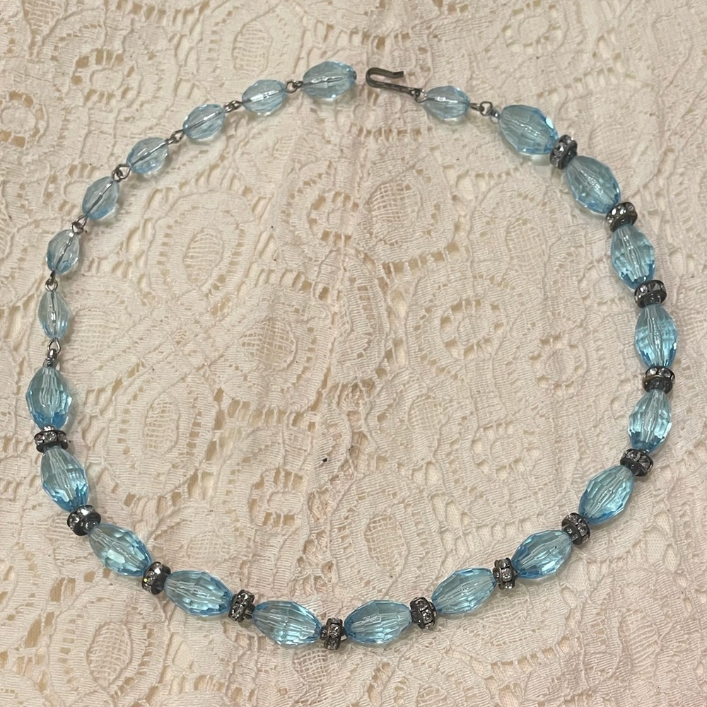 Vintage Blue Crystal Necklace Gemstone & Diamond Rhinestones Beaded Adjustable